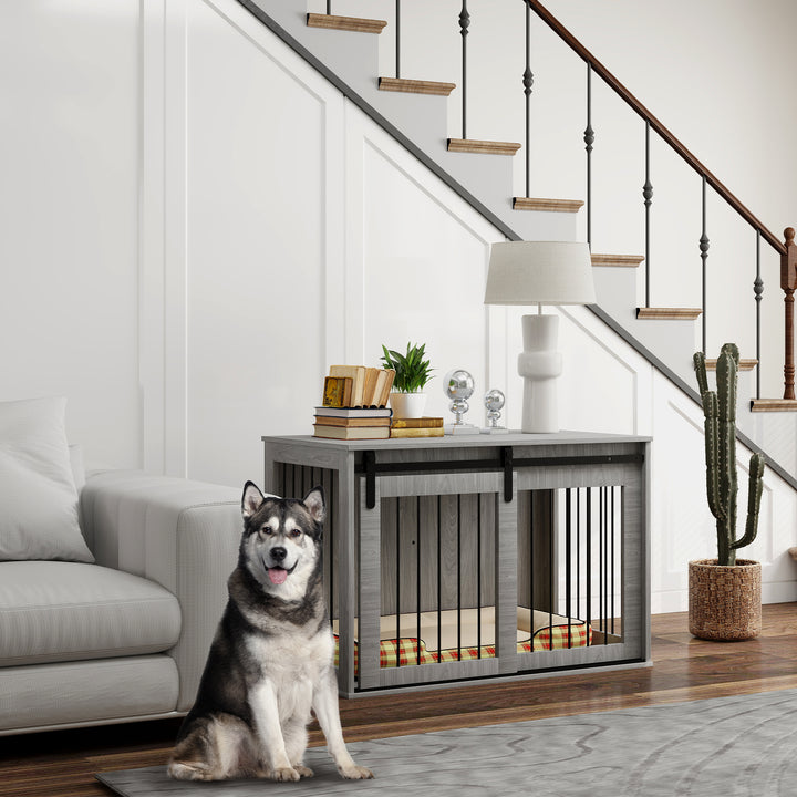 Hundebur med skydedør, ventileret, spånplade og stål, 98 x 58 x 61 cm, grå