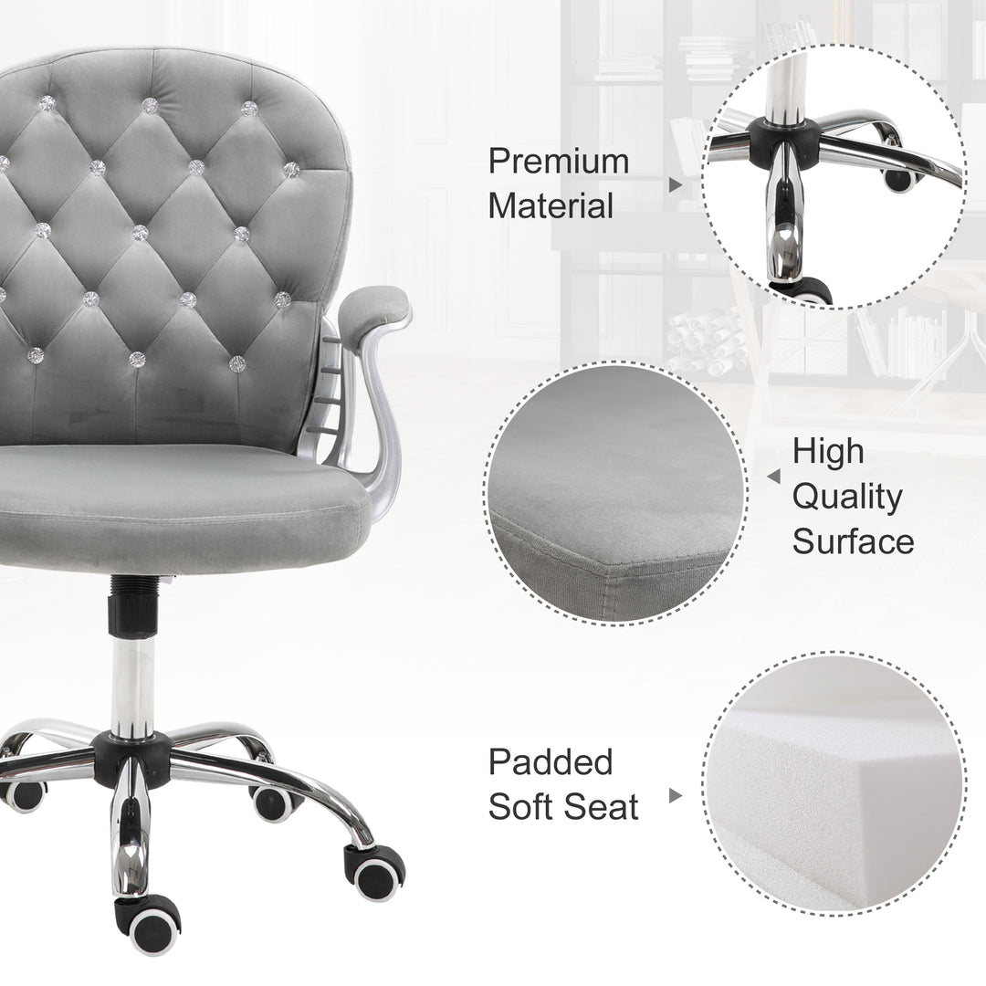 Kontorstol, ergonomisk skrivebordsstol med armlæn, polstret ryglæn, højdejusterbar computerstol med fløjlslook, drejestol til hjemmekontor, grå