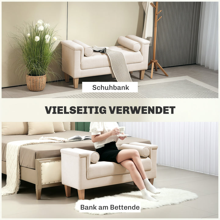 Polstret bænk, vintage design, 2 hynder, chenillebetræk, 115 x 44 x 58 cm, beige