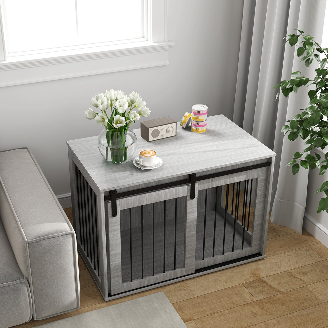 Hundebur med skydedør, ventileret, spånplade og stål, 98 x 58 x 61 cm, grå