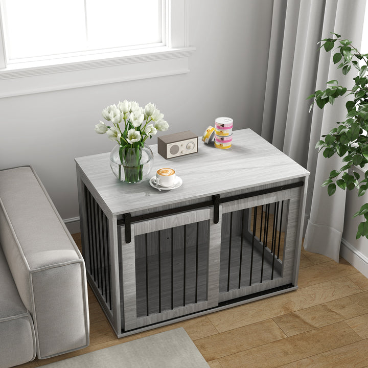 Hundebur med skydedør, ventileret, spånplade og stål, 98 x 58 x 61 cm, grå