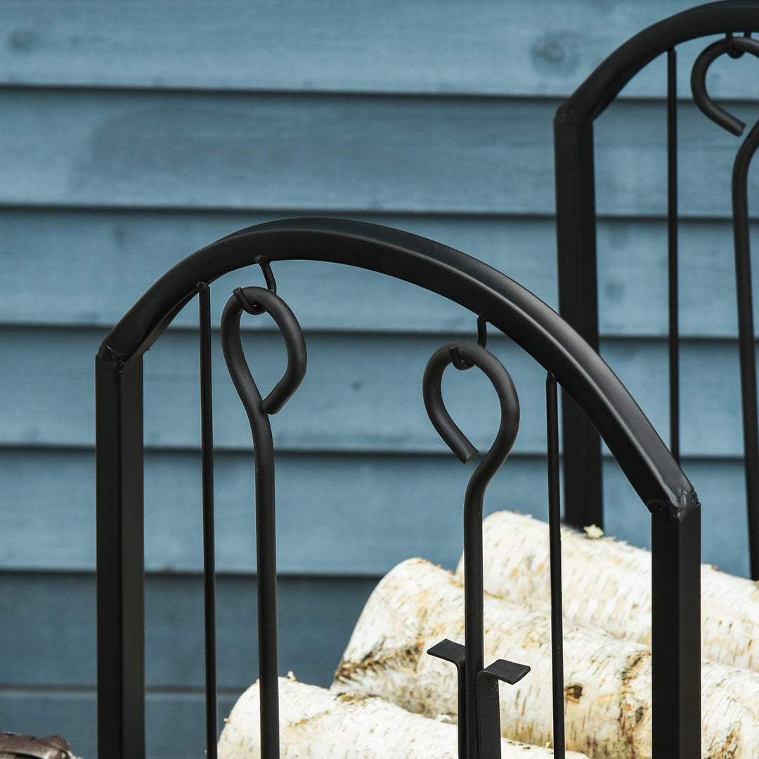 Brændestativ, brændestativ, brændestativ med 4 ekstra brændeværktøjer, pejsværktøj, 2-lags design, brændeopbevaring, pejsværktøj, metal, sort, 41,5 x 32,5 x 74,5 cm