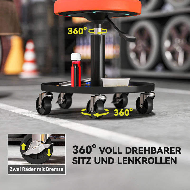 Værkstedsskammel med hjul, højdejusterbar 38-50 cm, maksimal belastning 135 kg, orange