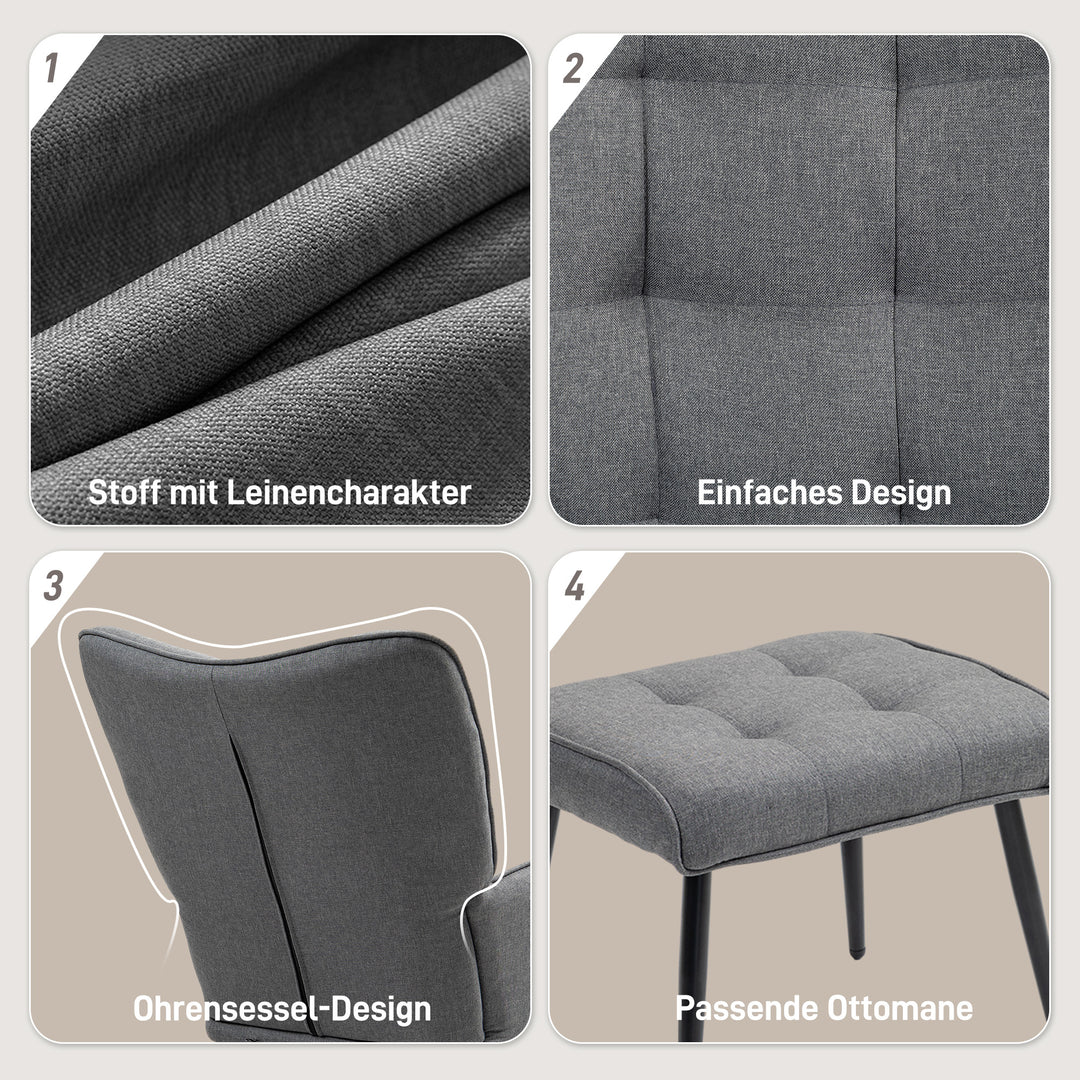 Gyngestol med skammel, komfortabel, op til 130 kg, hørlook, 64 x 89 x 90 cm, mørkegrå