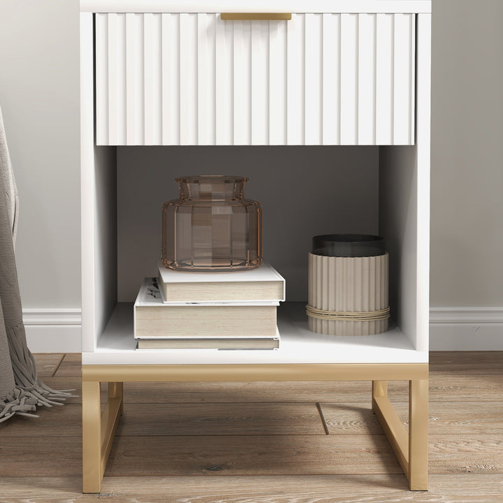 Natbord med skuffe og hylde, opbevaringsplads og metalben, til soveværelse, stue, hvid