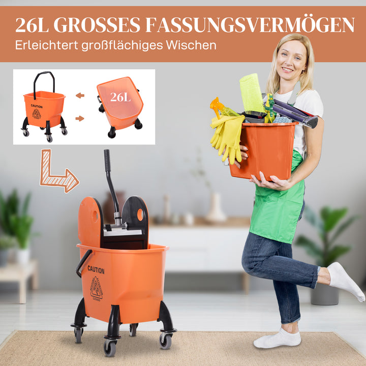Rullespand til rengøring, moppespand, moppepresse, 26 l, plastik, orange