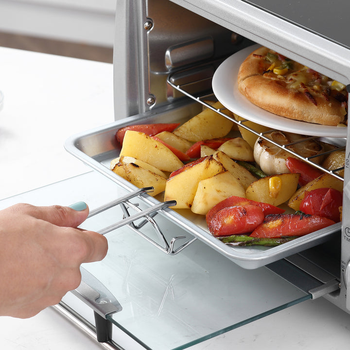 Miniovn 10 L 750W 100-230℃ 60 min timer med bageplade, grillrist og aftagelig bundplade, pizzaovn sølv