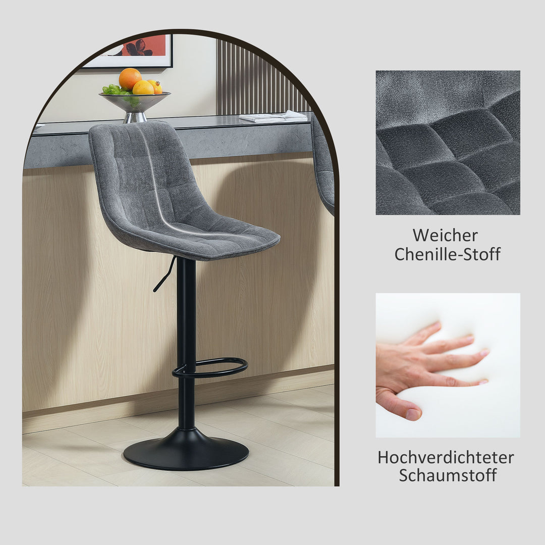 Moderne barstol, sæt med 2 drejebarstole med ryglæn, højdejusterbar, med fodstøtte, polstret, mørkegrå