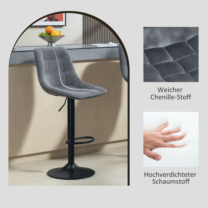 Moderne barstol, sæt med 2 drejebarstole med ryglæn, højdejusterbar, med fodstøtte, polstret, mørkegrå