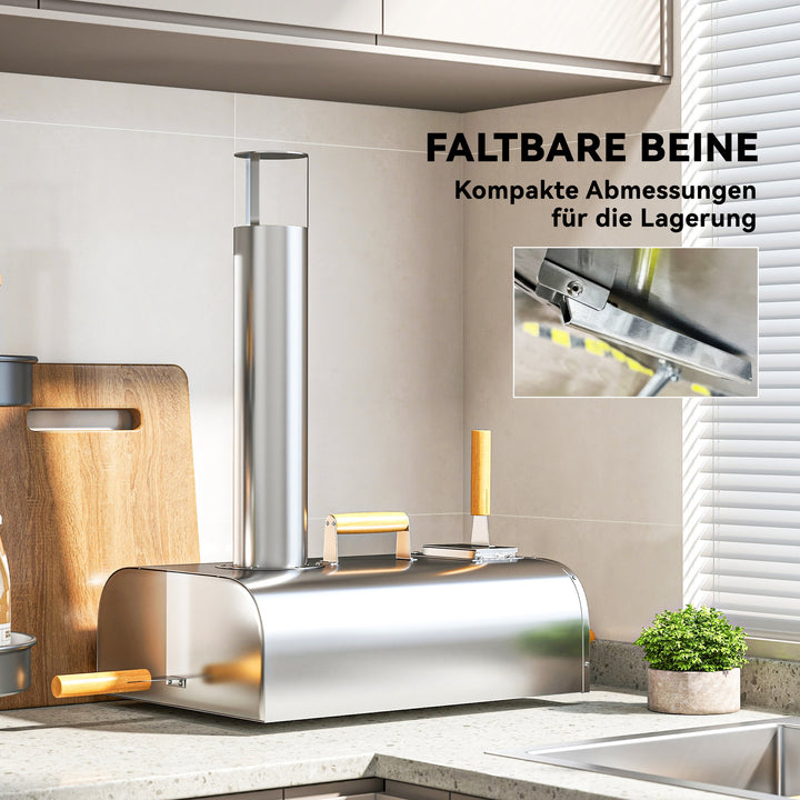 Udendørs pizzaovn, bærbar pizzaovn med pizzasten og skovl, foldbare ben, skorsten, rustfrit stål