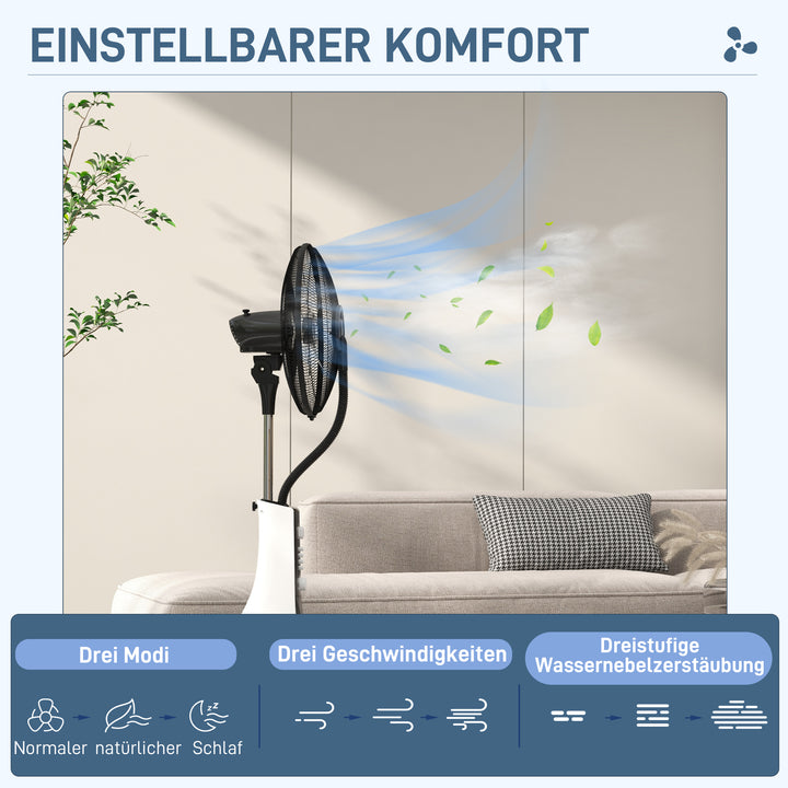 Sokkelventilator med befugtning, støjsvag, bærbar, fjernbetjening, sort/hvid