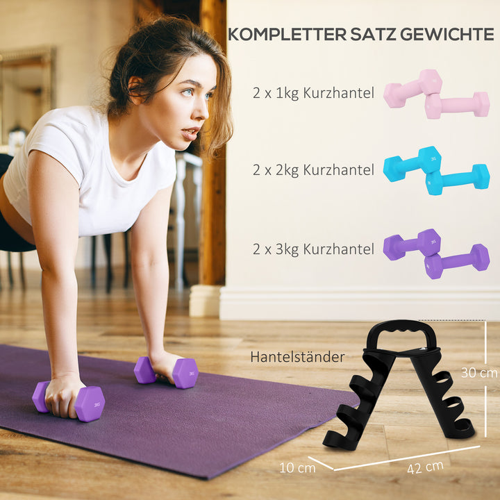 Håndvægtsæt med opbevaringsstativ, sæt med 6 håndvægte til fitnesstræning, 2 x 1 kg, 2 x 2 kg, 2 x 3 kg
