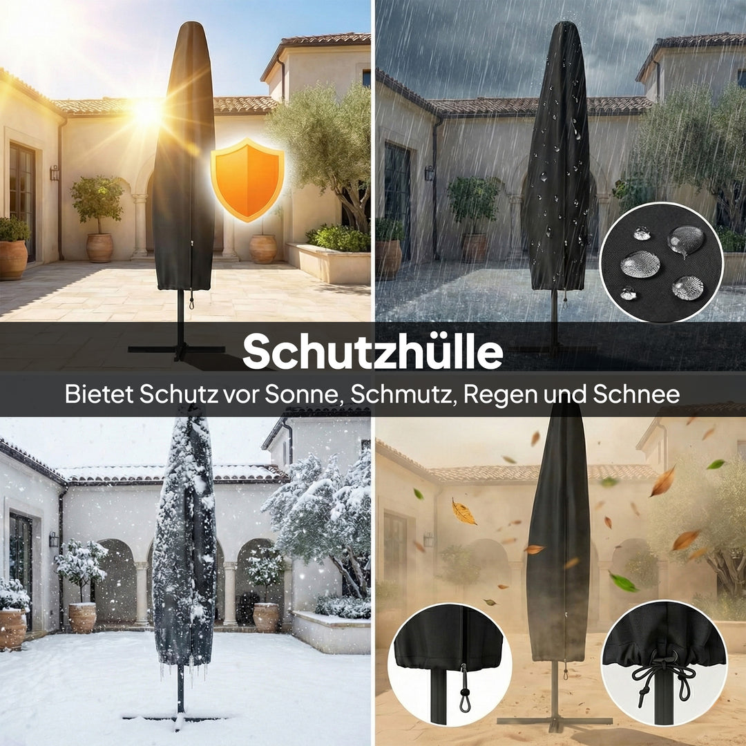 LED solcelledrevet parasol, ca. Ø300 cm, drejelig, med håndsving, beskyttelsesovertræk, mørkegrå