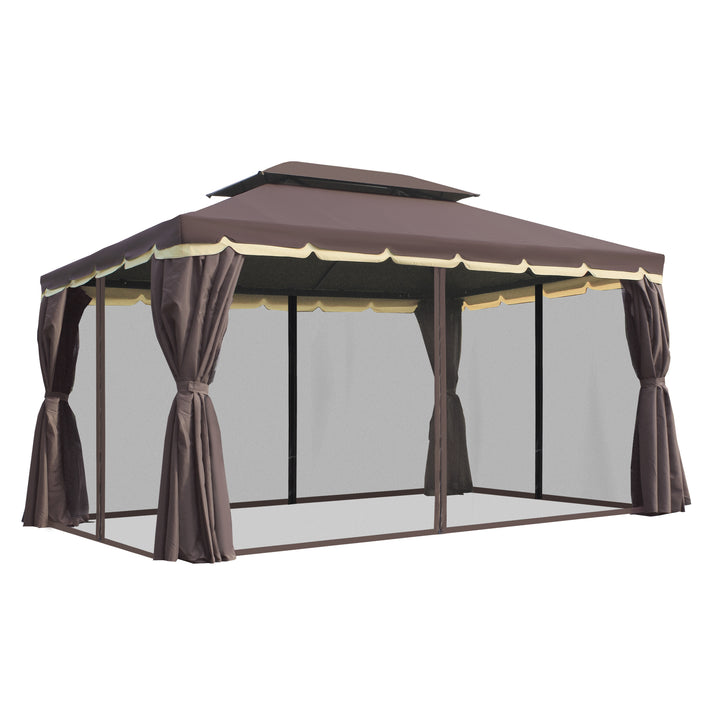 Havepavillon, lysthus, 390 x 290 x 280 cm, havetelt, partytelt med 4 sidepaneler, myggenet, vejrbestandig, aluminium, polyester, kaffe+sort
