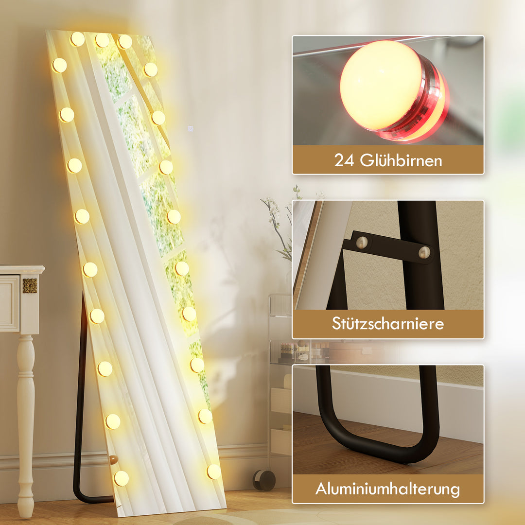 Helfigursspejl 150x40 cm RGB-LED stående spejl med 21 pærer, 7 lysfarver, touch-afbryder, hukommelsesfunktion