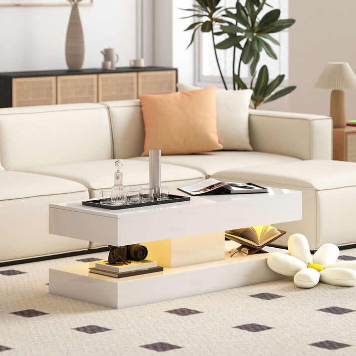 Stuebord med skuffer og led-lys, moderne sofabord med åben hylde, sofabord, spånplade, hvid