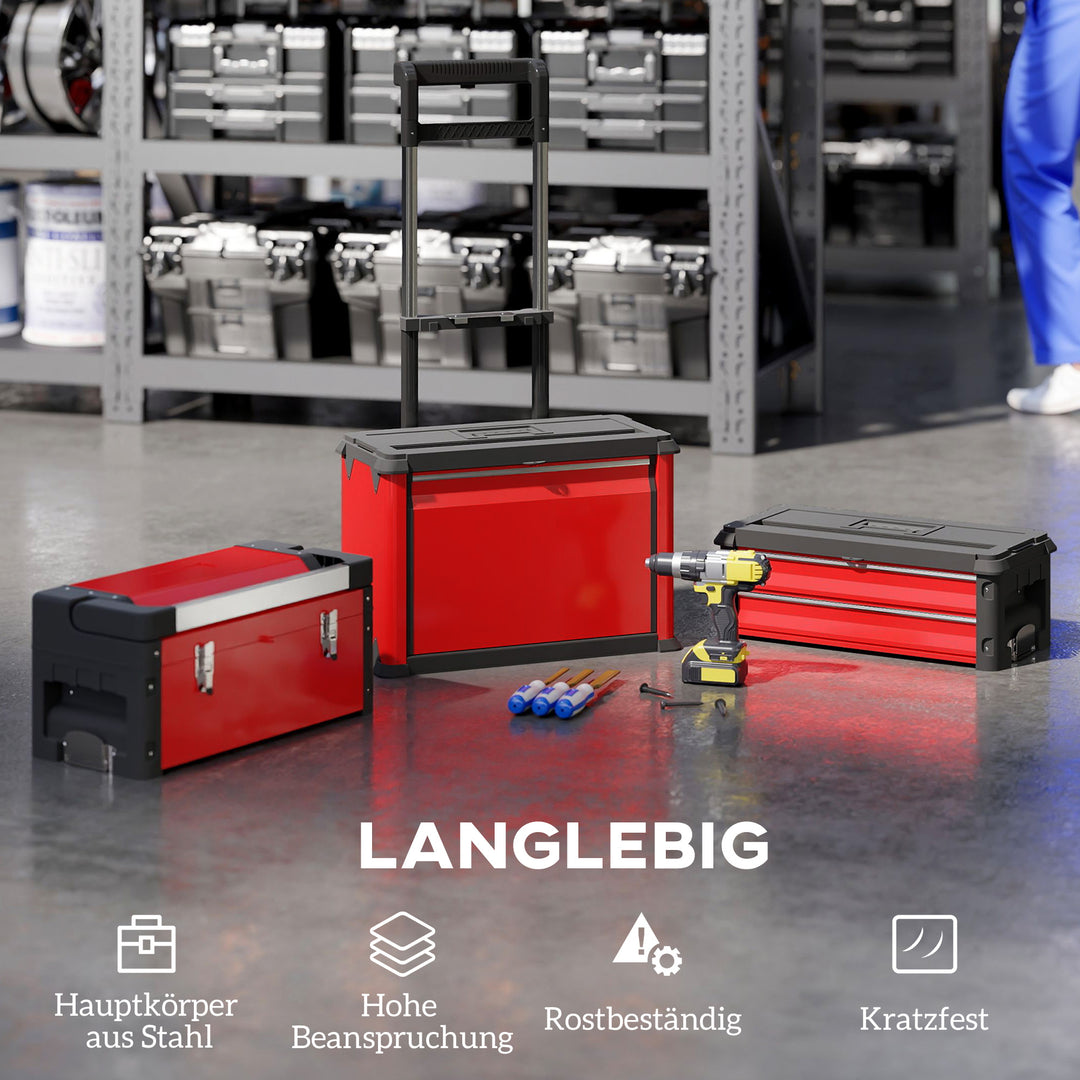 3-Lags værktøjskassesæt med hjul, sammenlåsning, stål, plastik