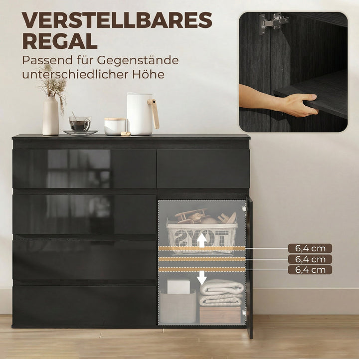 Moderne skænk, opbevaringsskænk med 5 skuffer, justerbar hylde, softclose-dør, sort højglans