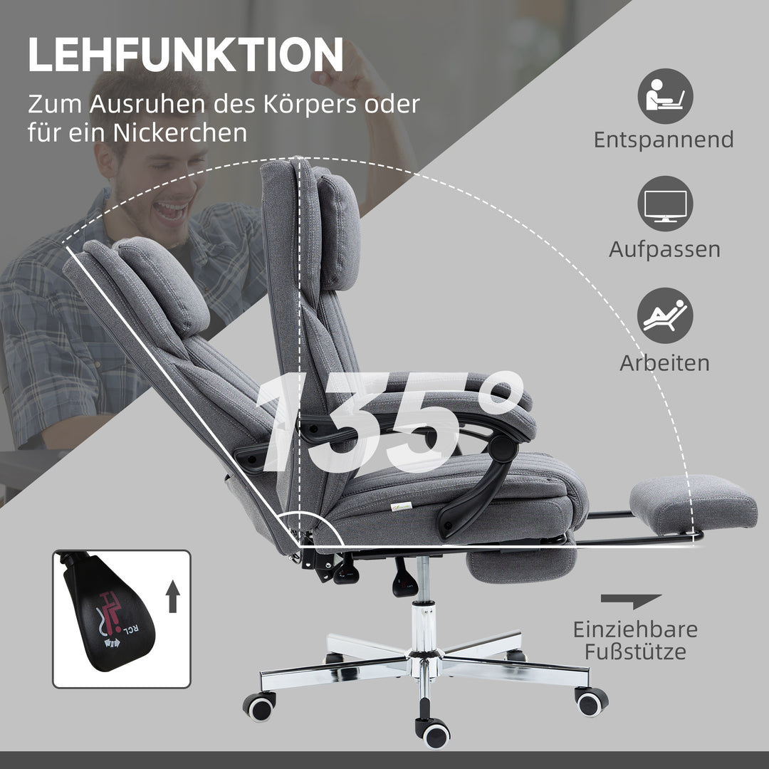 Kontorstol med massagefunktion, ryglæn med justerbar ryglæn, udtrækkelig fodstøtte, linnedlook, grå, 65 x 61 x 113 cm