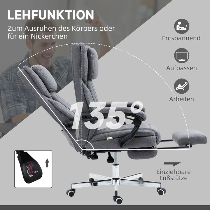 Kontorstol med massagefunktion, ryglæn med justerbar ryglæn, udtrækkelig fodstøtte, linnedlook, grå, 65 x 61 x 113 cm