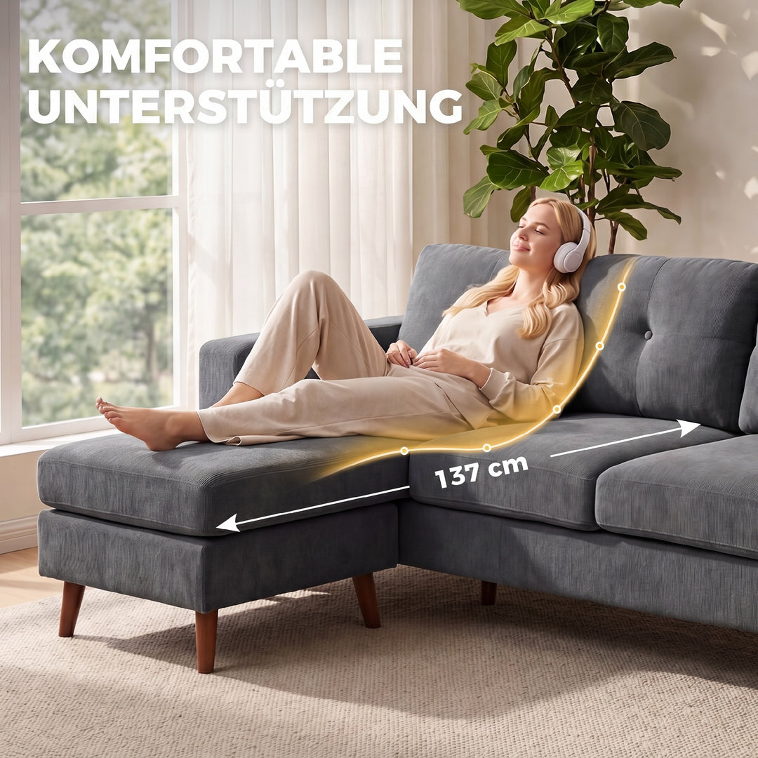 Hjørnesofa 192 cm L-formet 3-personers sofa med vendbar chaiselong, corduroy-look, til små rum, mørkegrå