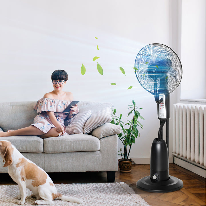 Sokkelventilator/luftfugter med 2,8L tank, 3 tilstande, fjernbetjening, bærbar, sort, Ø44,5 x 120 cm