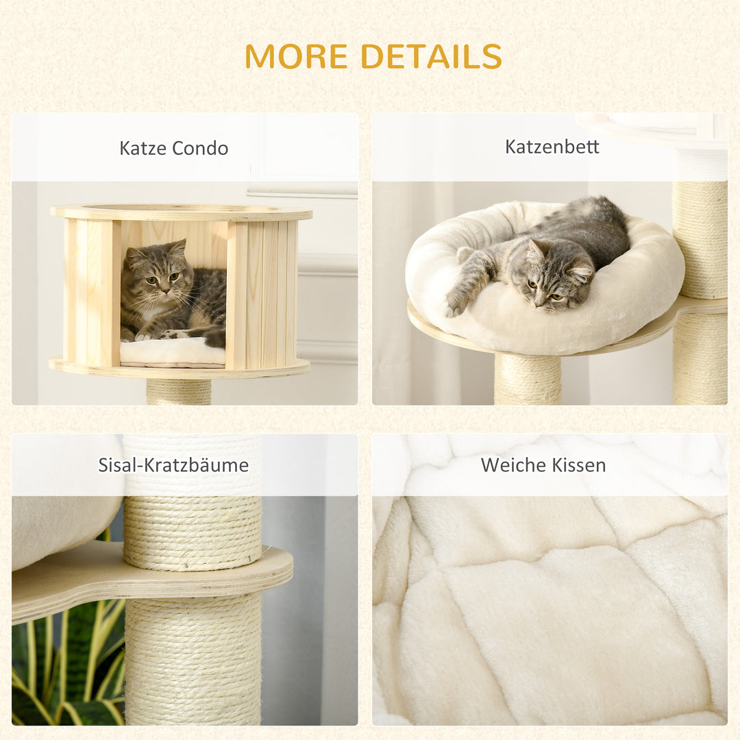 Kradsetræ 122 cm højt trækattetårn med tre niveauer, sisalstolper, platform, kradsetræ i flere niveauer, klatretræ til katte under 4,5 kg, naturlig + creme