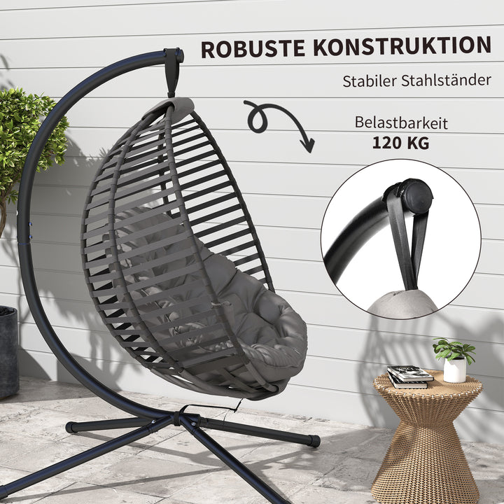 Hængestol med ramme, ægformet hængegynge med bløde sædehynder, grå