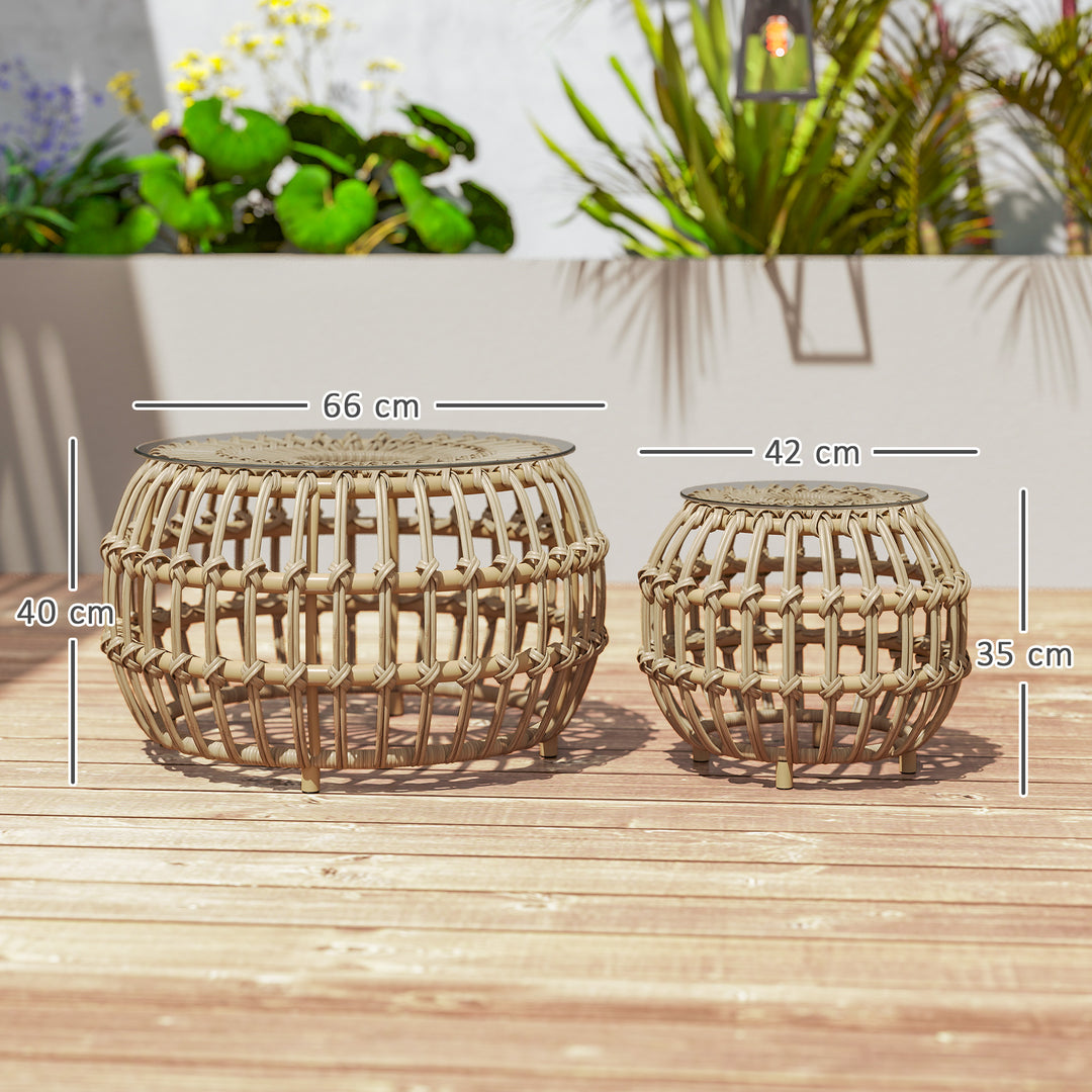 Sæt med 2 sideborde, polyrattan, Ø66/42 cm, rundt, vejrbestandigt, havebord med glasplade, brunt