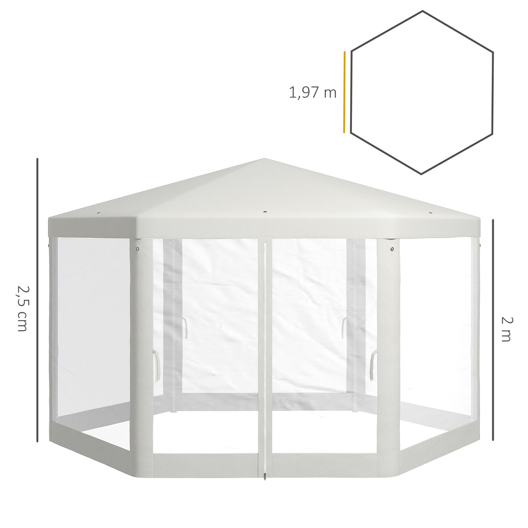 Havepavillon, sekskantet, netgardiner, metalramme, 3,94 x 3,412 x 2,5 m, cremefarvet