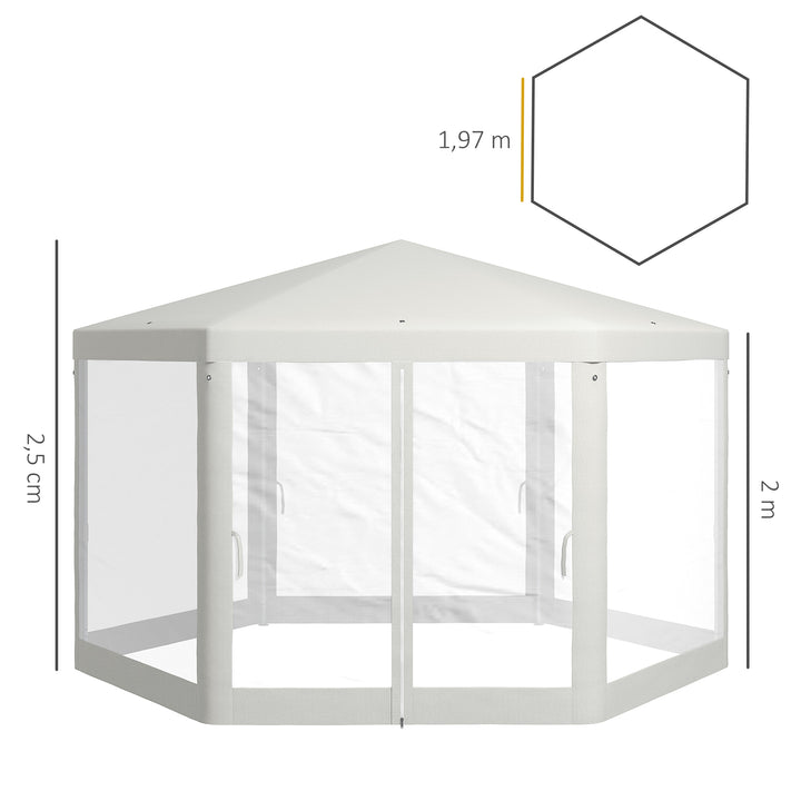 Havepavillon, sekskantet, netgardiner, metalramme, 3,94 x 3,412 x 2,5 m, cremefarvet
