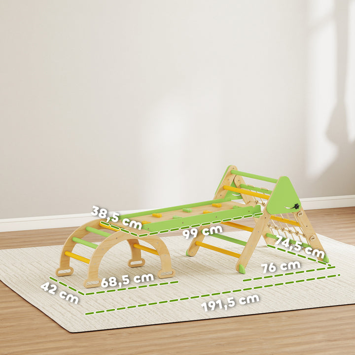 8-i-1 Montessori indendørs klatrestativ, træklatretrekant med klatrebue, dobbeltsidet rutsjebane, grøn