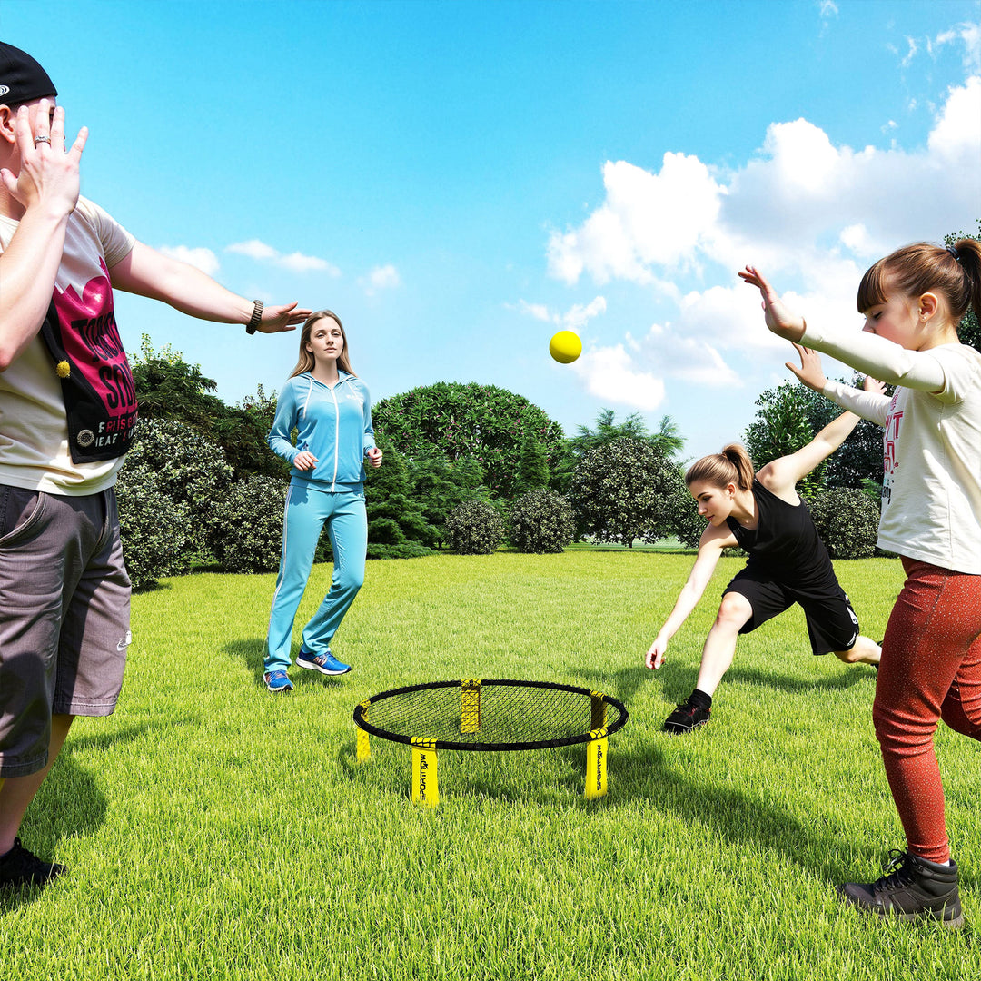 Rundnetsæt spilsæt med spilnet 3 bolde bæretaske boldpumpe spikeballsæt 92 x 20 cm gul
