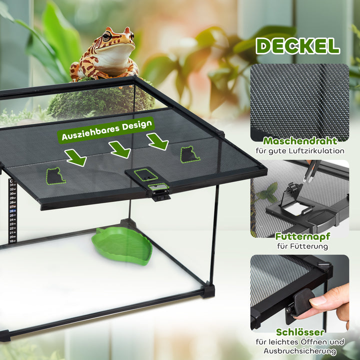 Terrarium til krybdyr, foderkasse til krybdyr, glasterrarium, padder, spindlere med termometer, krybdyravlskasse, metal, sort 50 x 30 x 35 cm