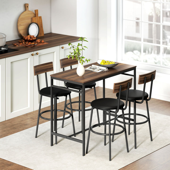 5-delt barbordssæt med 4 stole, industrielt design, til køkken, spisestue, træ, stål, brun