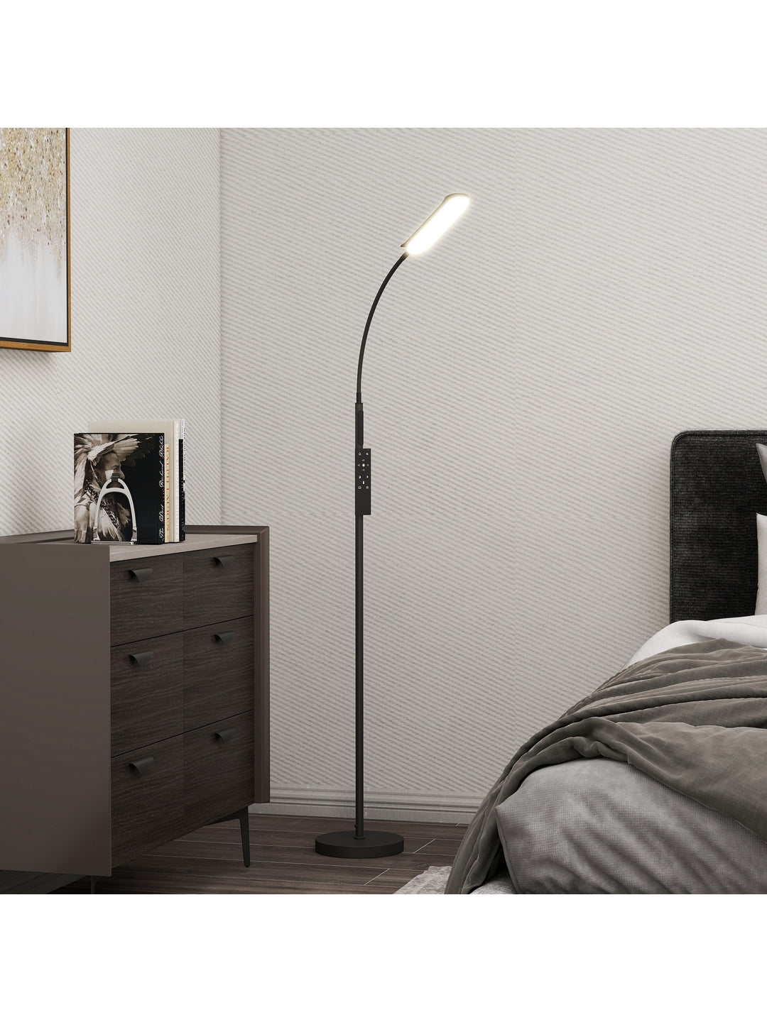LED-gulvlampe, dæmpbar, med fjernbetjening, 360° svanehals, sort