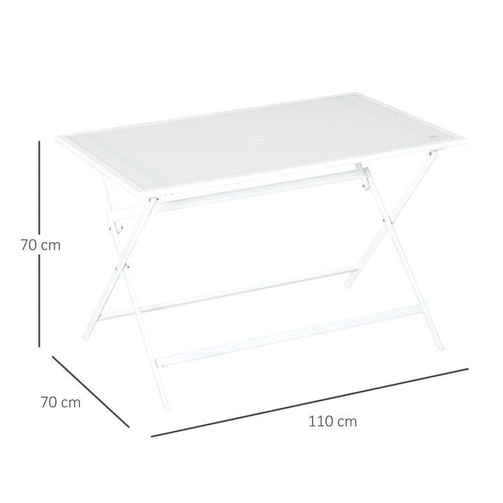 Klapbord havebord med 42 mm 50 mm paraplyhul klapbord foldbart sidebord balkonbord picnicbord spisebord metal hærdet glas hvid 110 x 70 x 70 cm