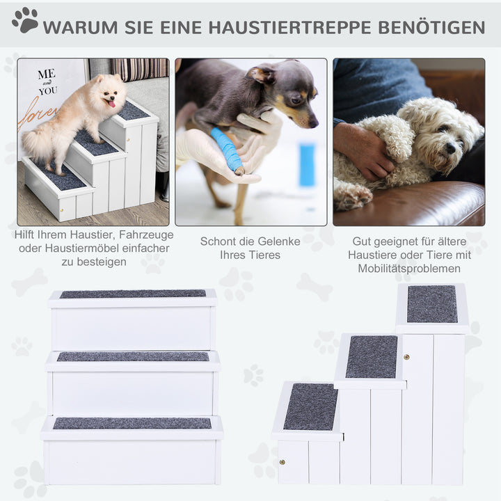 Hundetrappe, 3 trin, kattetrappe, kæledyrstrappe, hundetrappe til hunde og katte, kæledyrstrappe, indgangshjælp med tæppe, opbevaringsplads til sofa/seng, fyrretræ, hvid, 40,5 x 44,5 x 38 cm