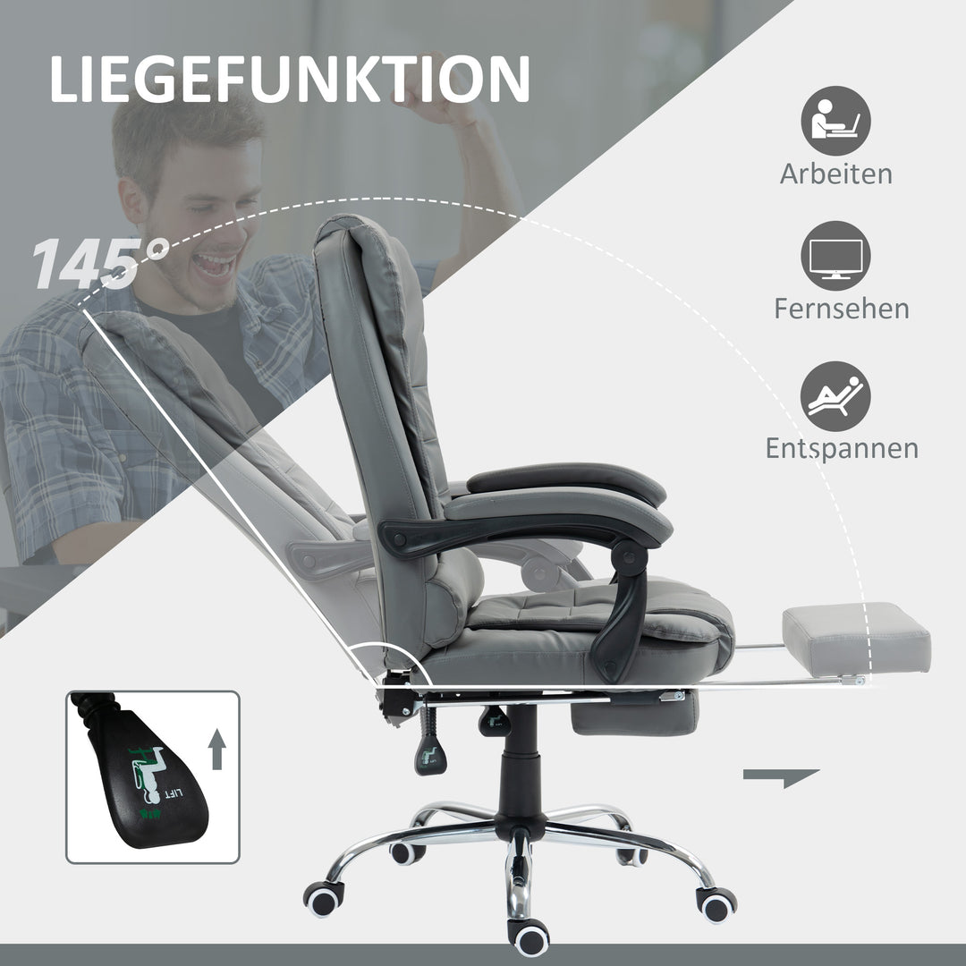 Kontorstol med fodstøtte, skrivebordsstol, justerbar ryglæn, højdejusterbar, grå+sort+sølv
