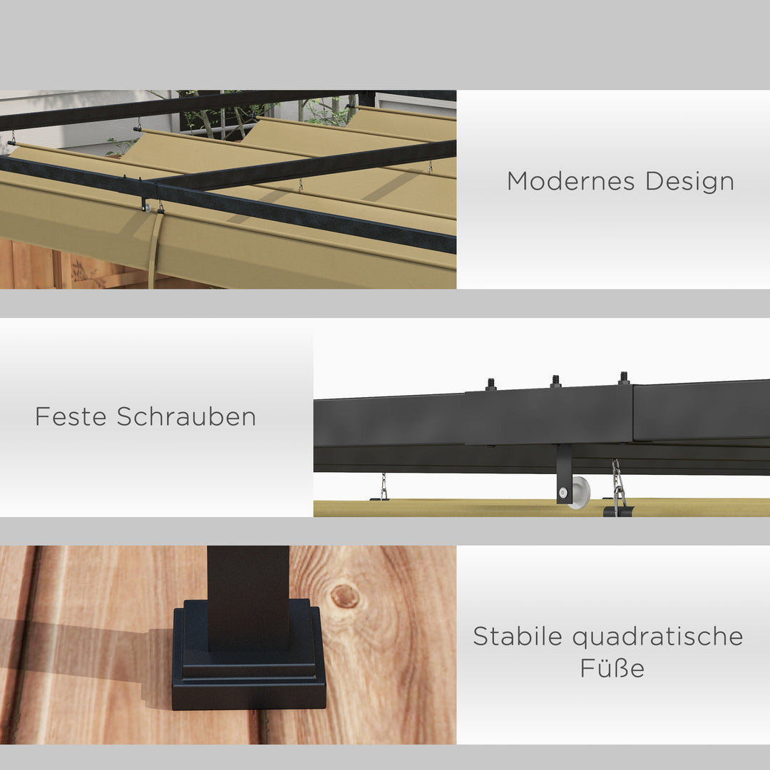Pergola, robust solsejl til have, altan, terrasse, lavet af metal og plastik, UV- og vandafvisende, khaki