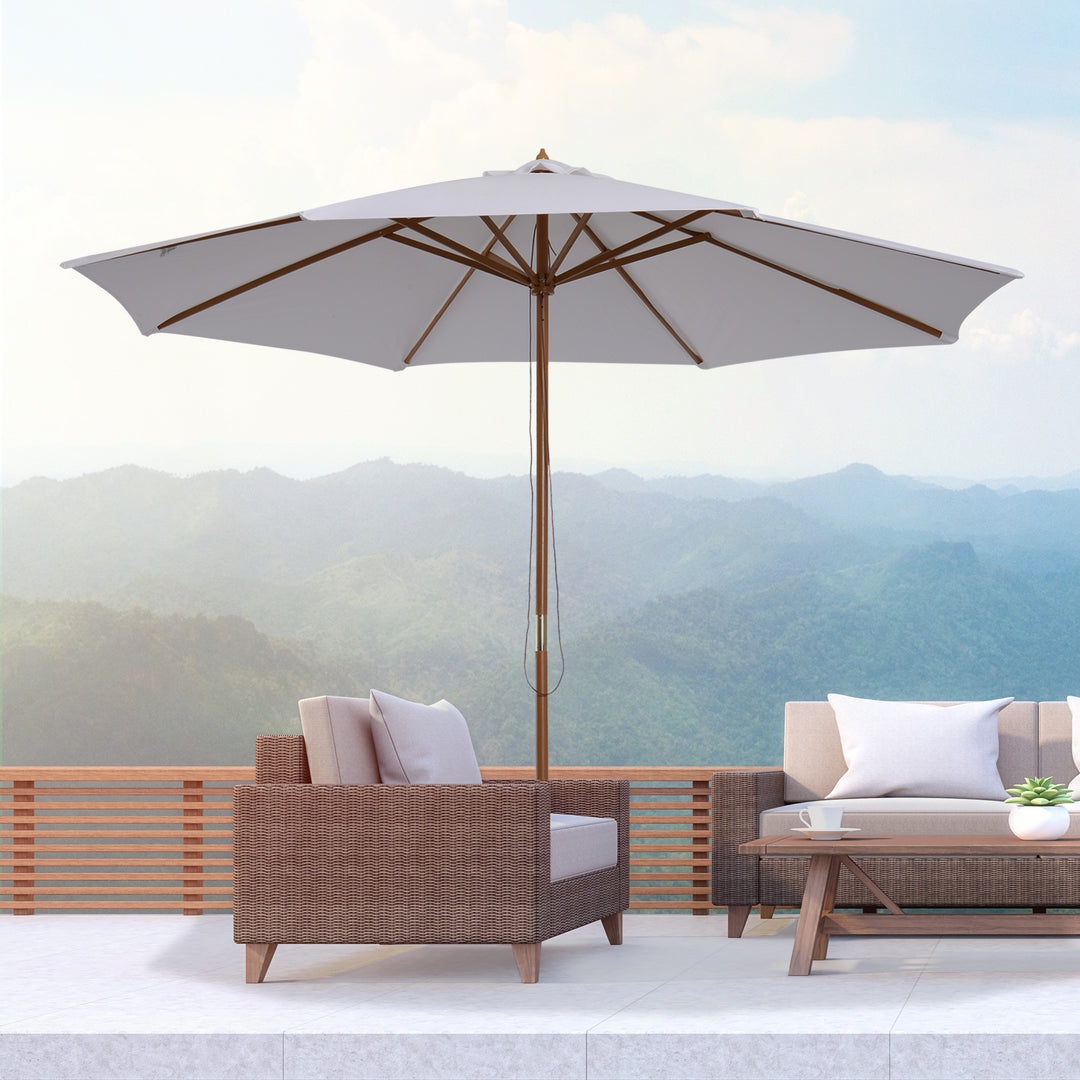 Parasol Ø 300 cm, parasol med UV-beskyttelse, træparasol til balkon, stabil strandparasol, markedsparasol, solbeskyttelse til strand, terrasse, have, hvid