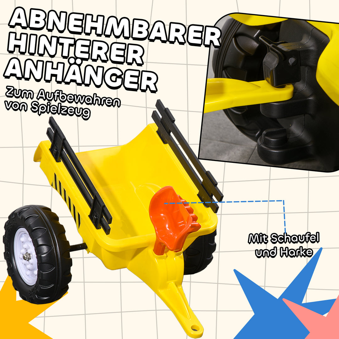Pedaltraktor med anhænger, værktøj, horn, til børn fra 3 år, metalramme, sort-gul, 133 x 42 x 51 cm
