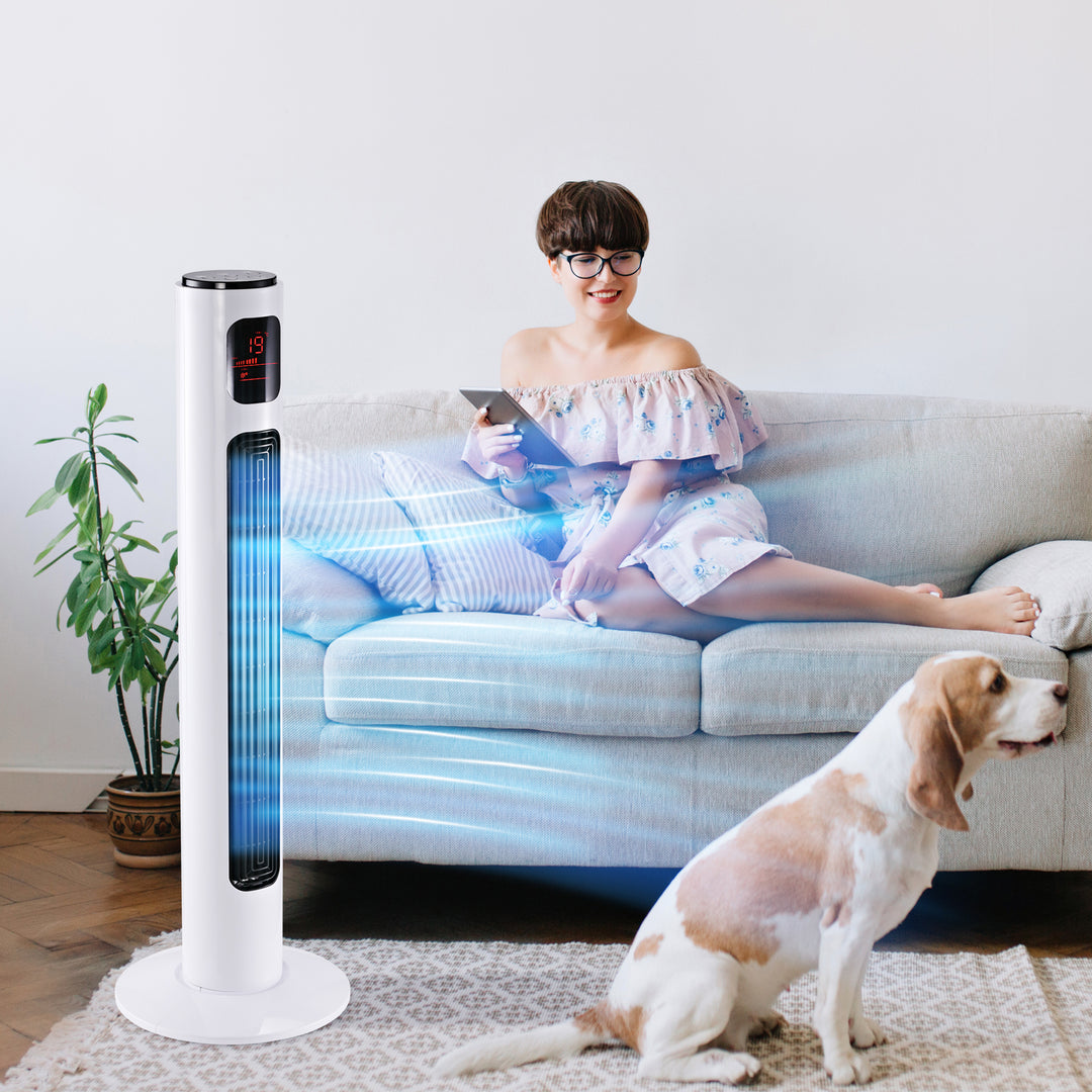 Tårnventilator med fjernbetjening, 96 cm søjleventilator, 45 W standerventilator med LED-display, 70° oscillation, 3 tilstande, timer, 3 hastigheder, hvid