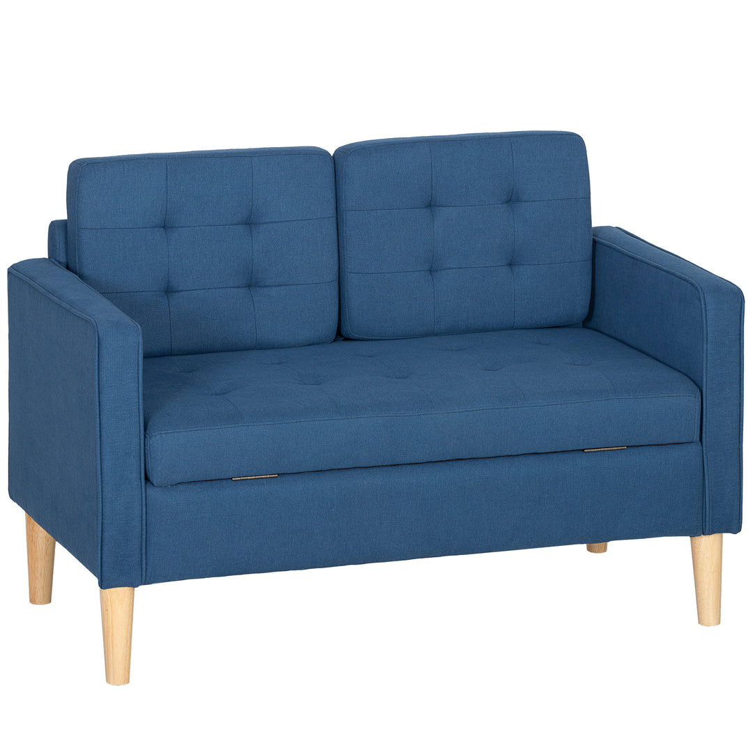 To-personers sofa med opbevaring, knapsyet kant, hynder, gummitræ, 117x62x78 cm, blå