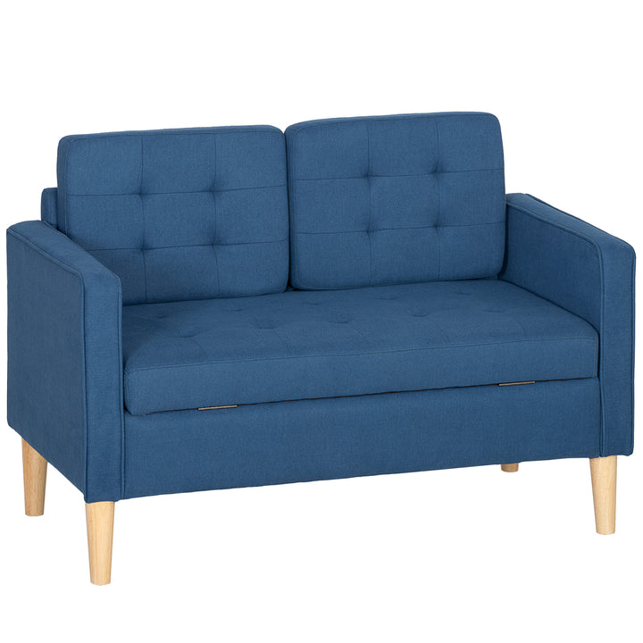 To-personers sofa med opbevaring, knapsyet kant, hynder, gummitræ, 117x62x78 cm, blå