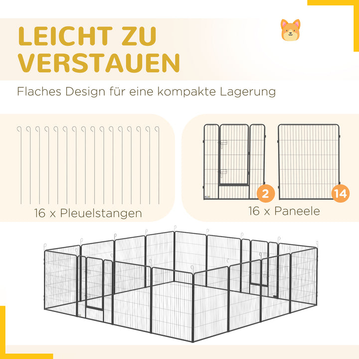 Hvalpegård, modulært design, 16 elementer, 2 døre, vejrbestandig, stål, 3,2 x 3,2 x 1 m, grå