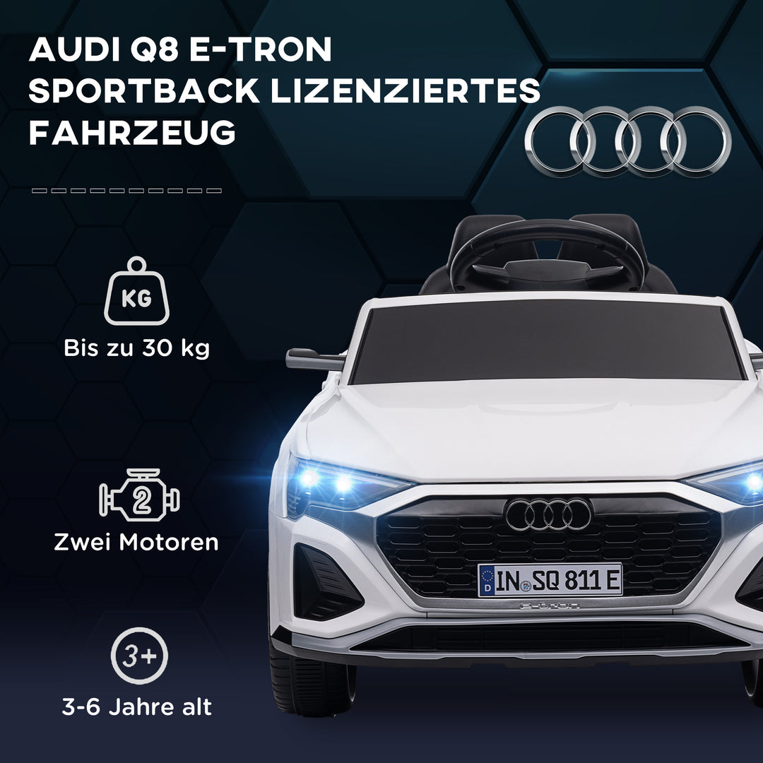 Elektrisk børnebil, 12v audi q8, 3-5 km/t, fjernbetjening, forlygter, musik, hvid