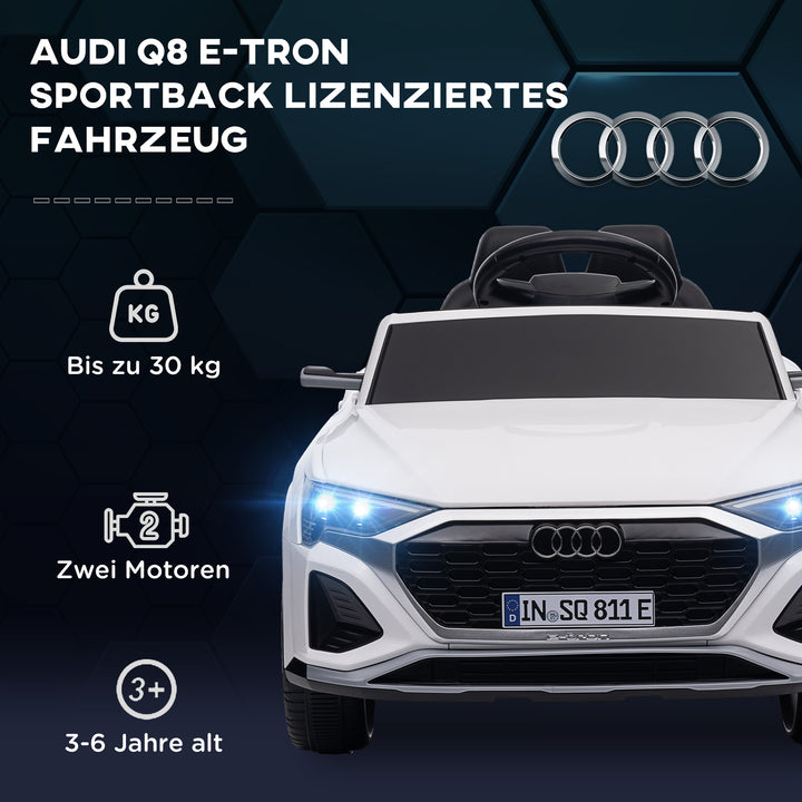 Elektrisk børnebil, 12v audi q8, 3-5 km/t, fjernbetjening, forlygter, musik, hvid