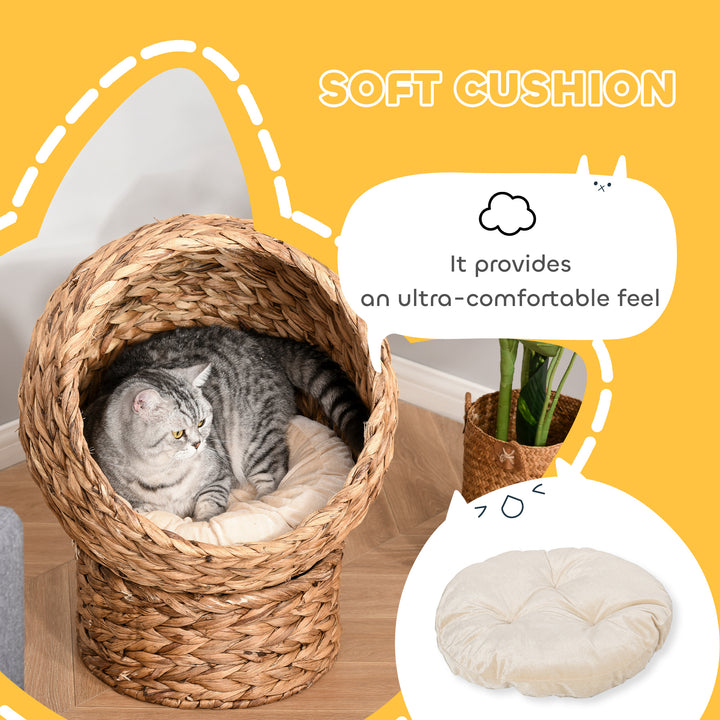 Rattan kattekurv kattehule kattehus katteseng med pude kæledyrsseng vandhyacint brun 50 x 42 x 60 cm