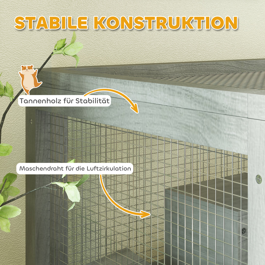 4-Etagers træhamsterbur med hytter, vippe, madskåle, ramper og hjul, 65 x 45 x 109 cm, grå